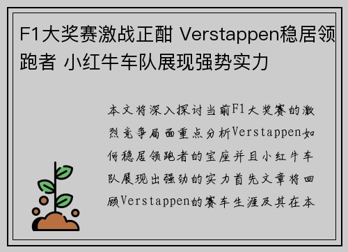 F1大奖赛激战正酣 Verstappen稳居领跑者 小红牛车队展现强势实力